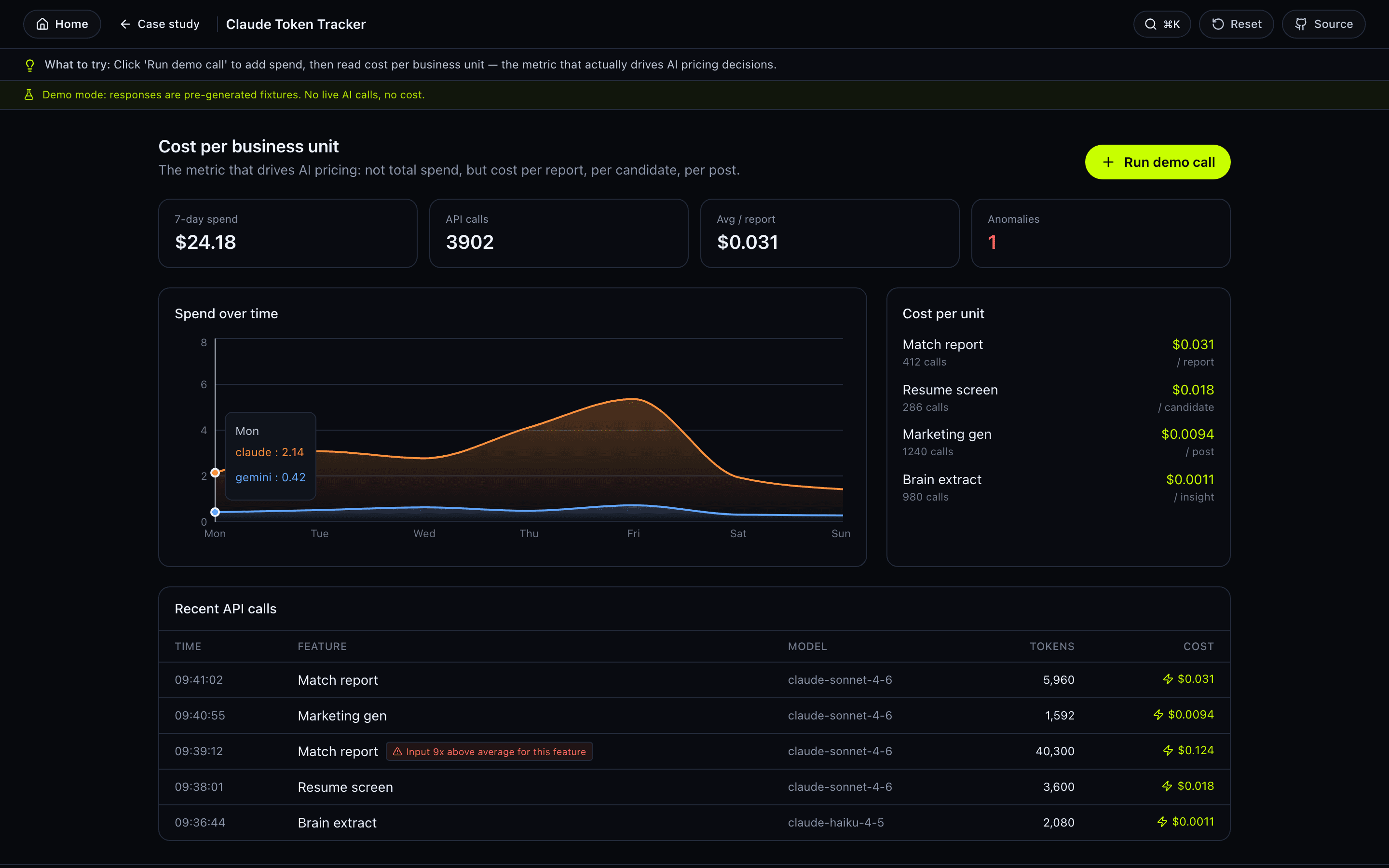 Claude Token Tracker — interactive demo screenshot