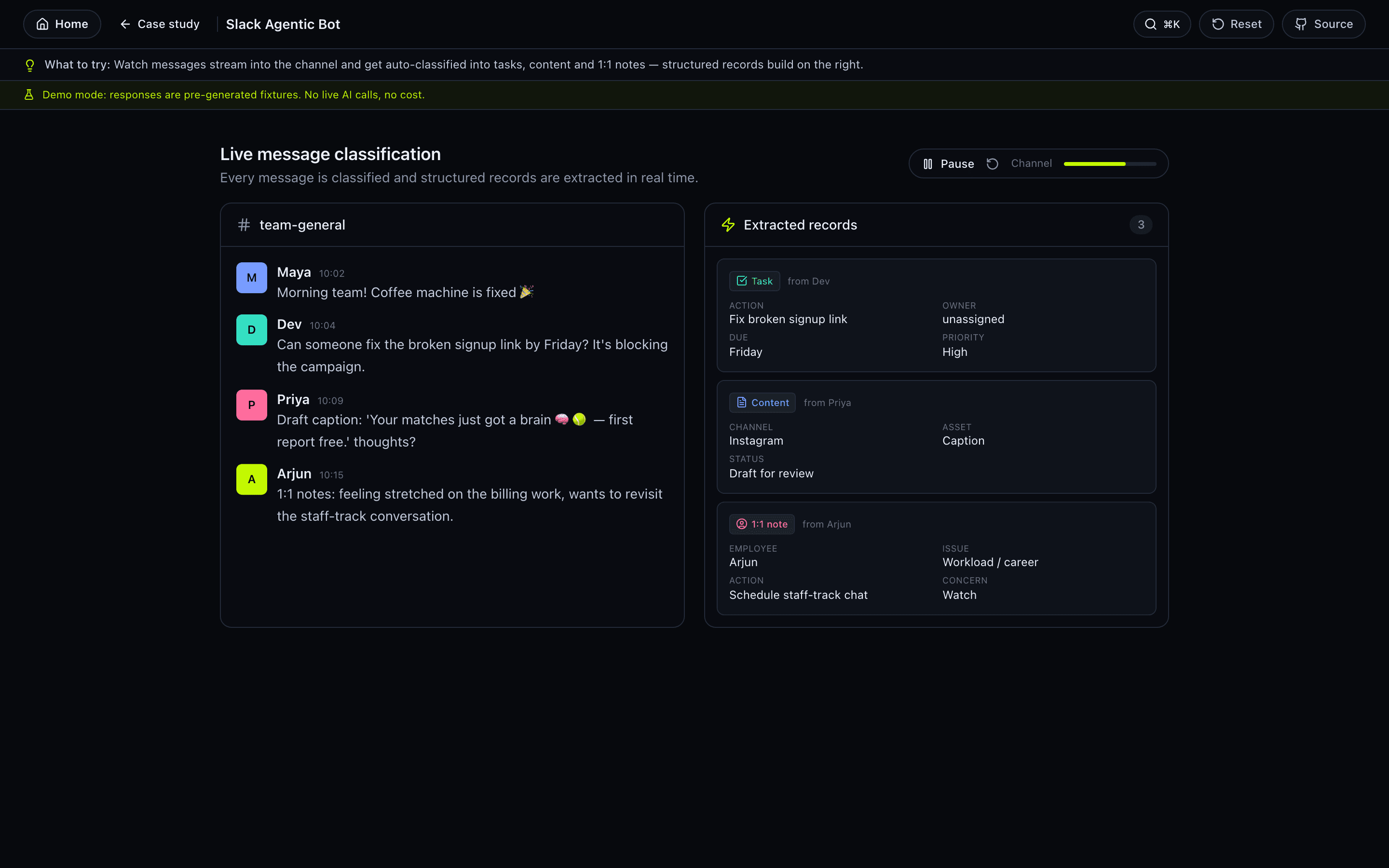 Slack Agentic Bot — interactive demo screenshot