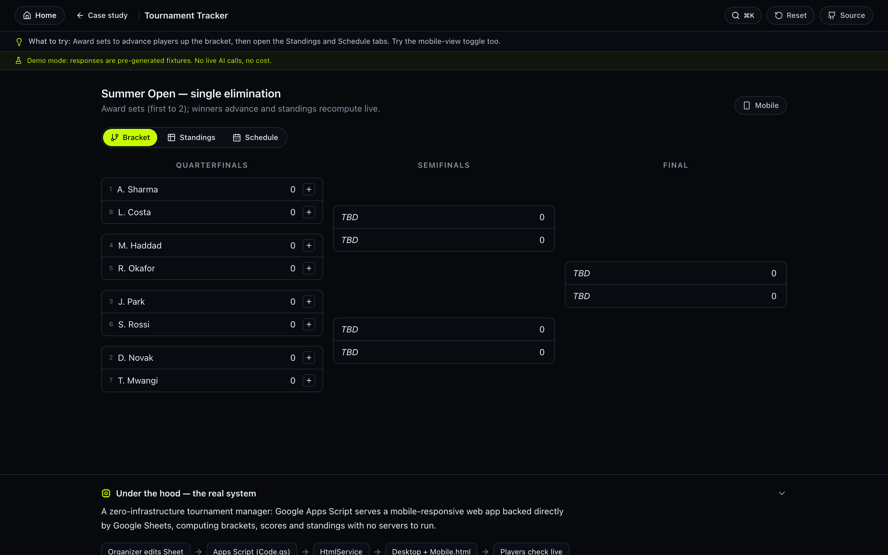 Tournament Tracker — interactive demo screenshot